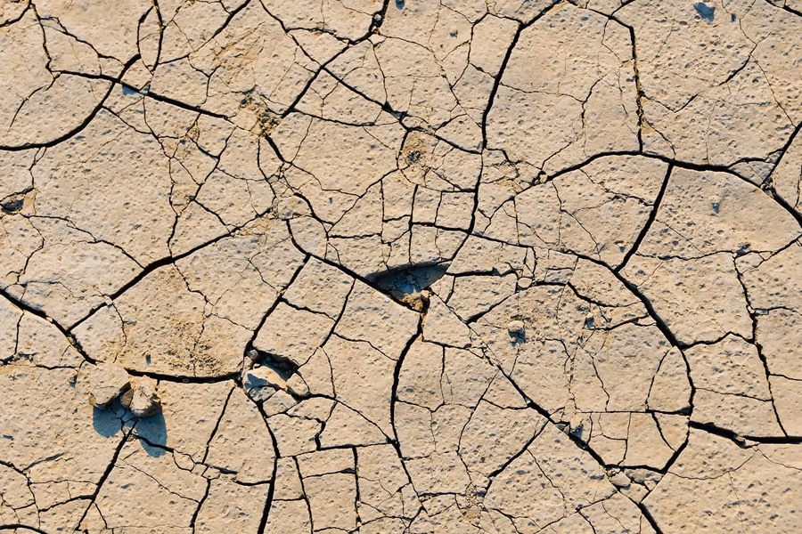 Bare clay ground broken into polygonal plates by deep shrinkage cracks after drying out